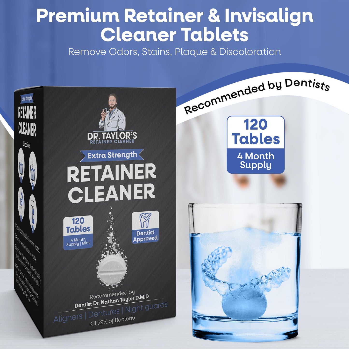 Dr. Taylor’s Retainer & Aligner Cleaner – 120 Mint Tablets | Removes Stains & Odor | Pod-Compatible, FSA/HSA Eligible