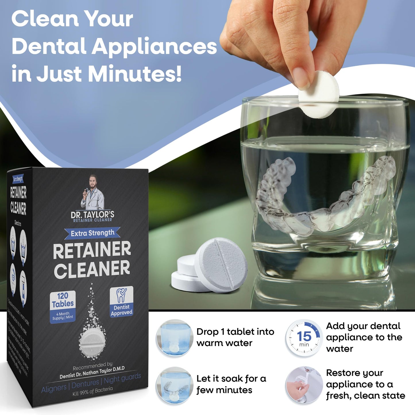 Dr. Taylor’s Retainer & Aligner Cleaner – 120 Mint Tablets | Removes Stains & Odor | Pod-Compatible, FSA/HSA Eligible