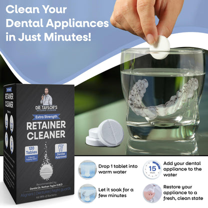 Dr. Taylor’s Retainer & Aligner Cleaner – 120 Mint Tablets | Removes Stains & Odor | Pod-Compatible, FSA/HSA Eligible